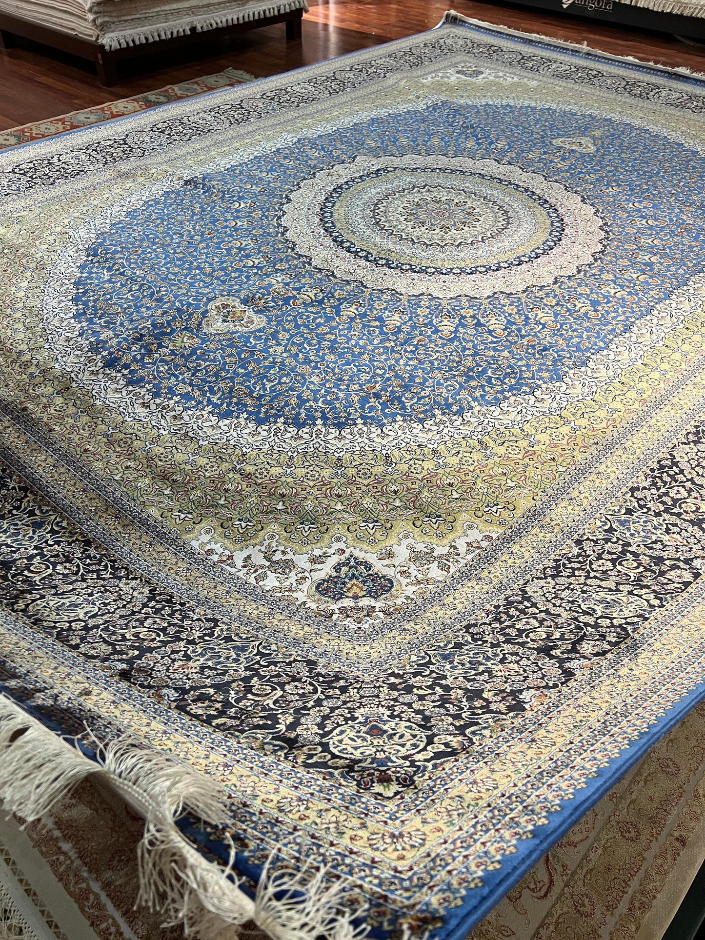 10x13 Blue Silk Rug, Luxury Living Room Carpet, Traditional Oriental Bamboo Silk Rug