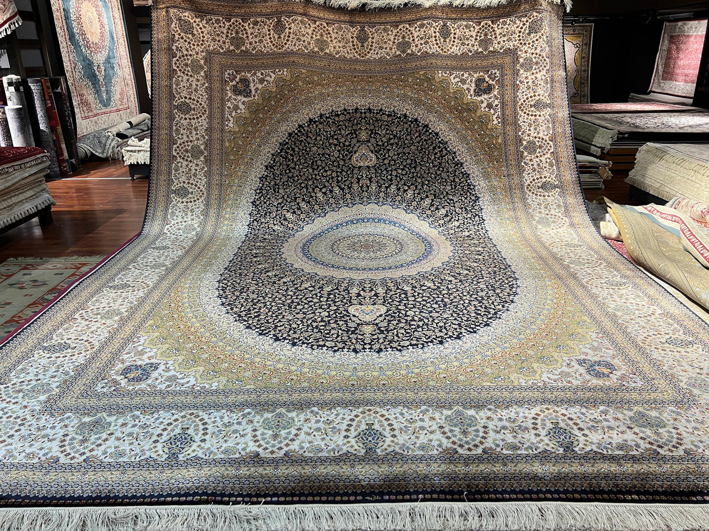 10x13 Gold Silk Rug, Luxury Living Room Carpet, Traditional Oriental Silk Rug