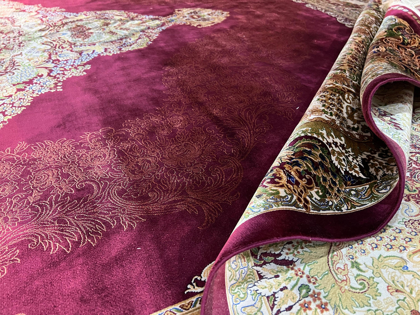 10x13 Red Beige Silk Rug, Luxury Living Room Carpet, Traditional Palace Silk Rug