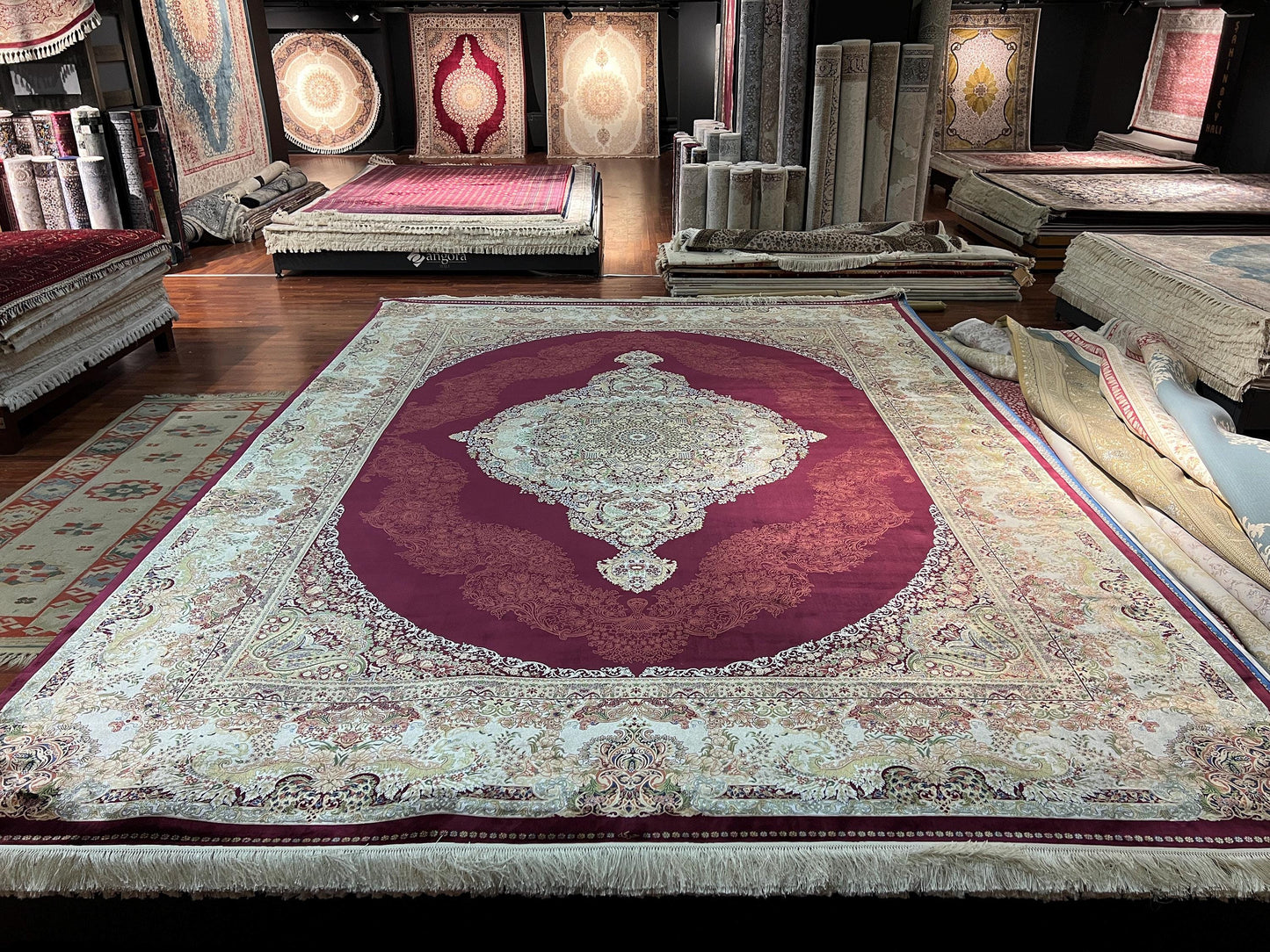 10x13 Red Beige Silk Rug, Luxury Living Room Carpet, Traditional Palace Silk Rug