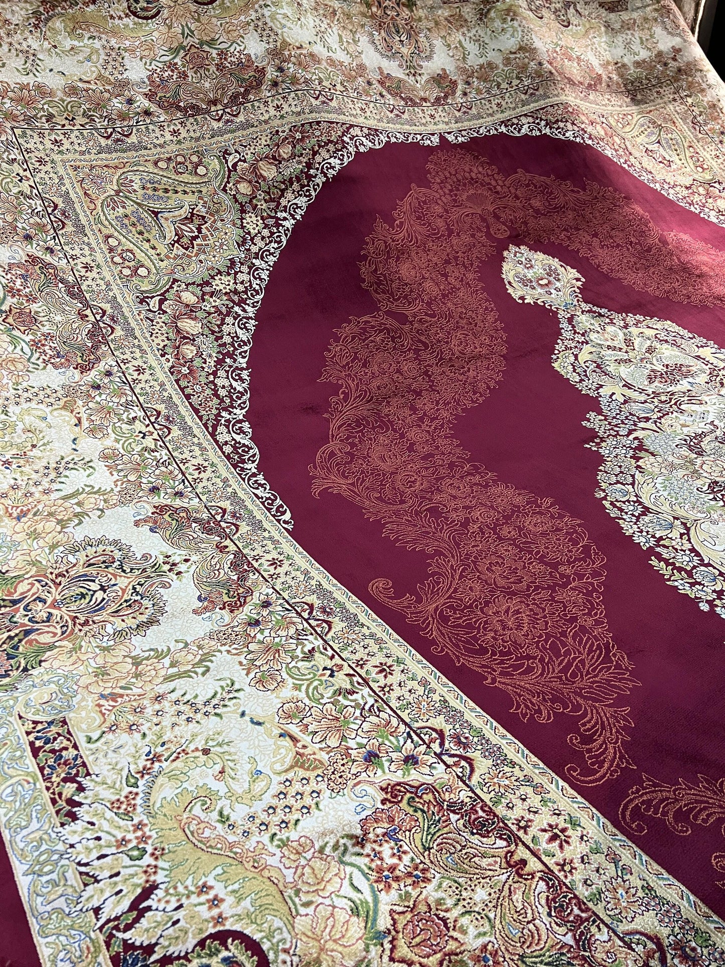 10x13 Red Beige Silk Rug, Luxury Living Room Carpet, Traditional Palace Silk Rug