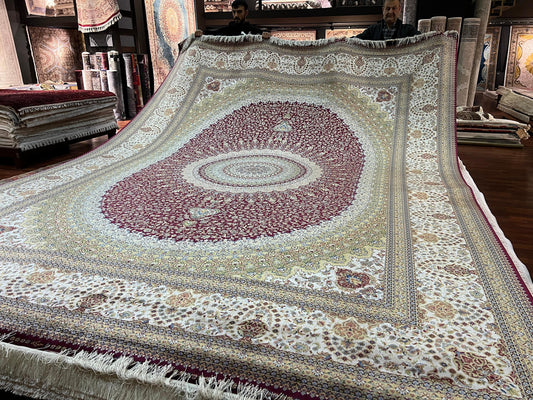 10x13 Red Ivory Silk Rug, Luxury Living Room Carpet, Traditional Oriental Bamboo Silk Rug
