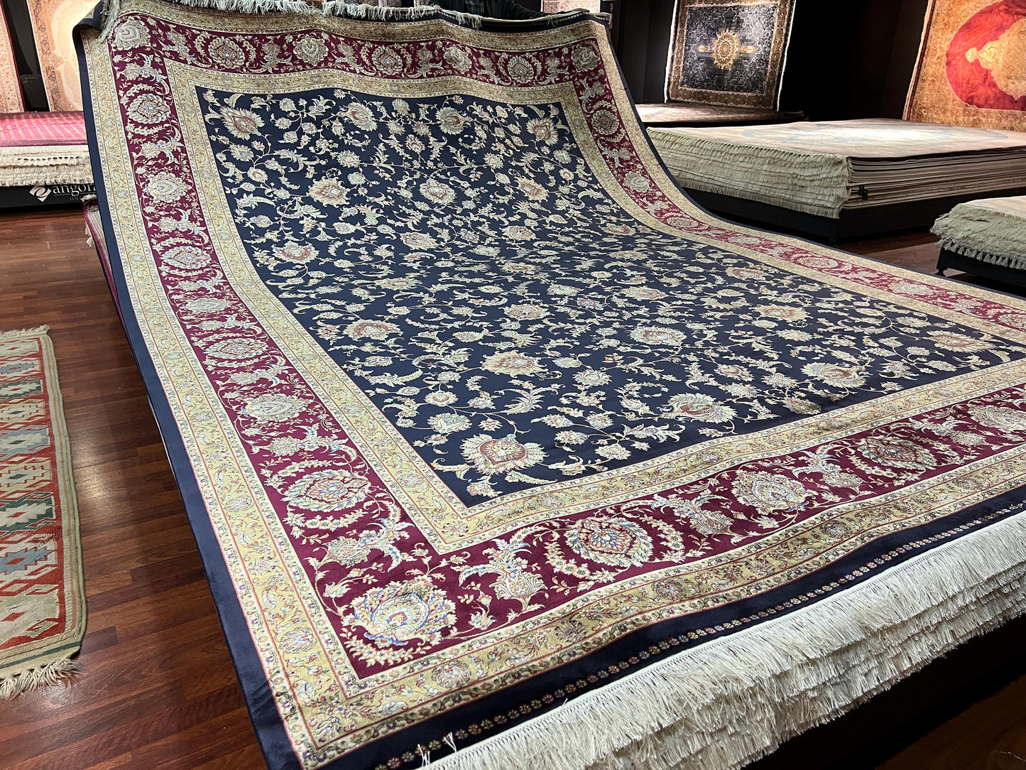 10x13 Navy Blue Silk Rug, Luxury Living Room Carpet, Traditional Oriental Silk Rug