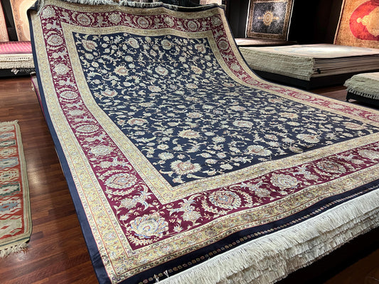 10x13 Navy Blue Silk Rug, Luxury Living Room Carpet, Traditional Oriental Silk Rug