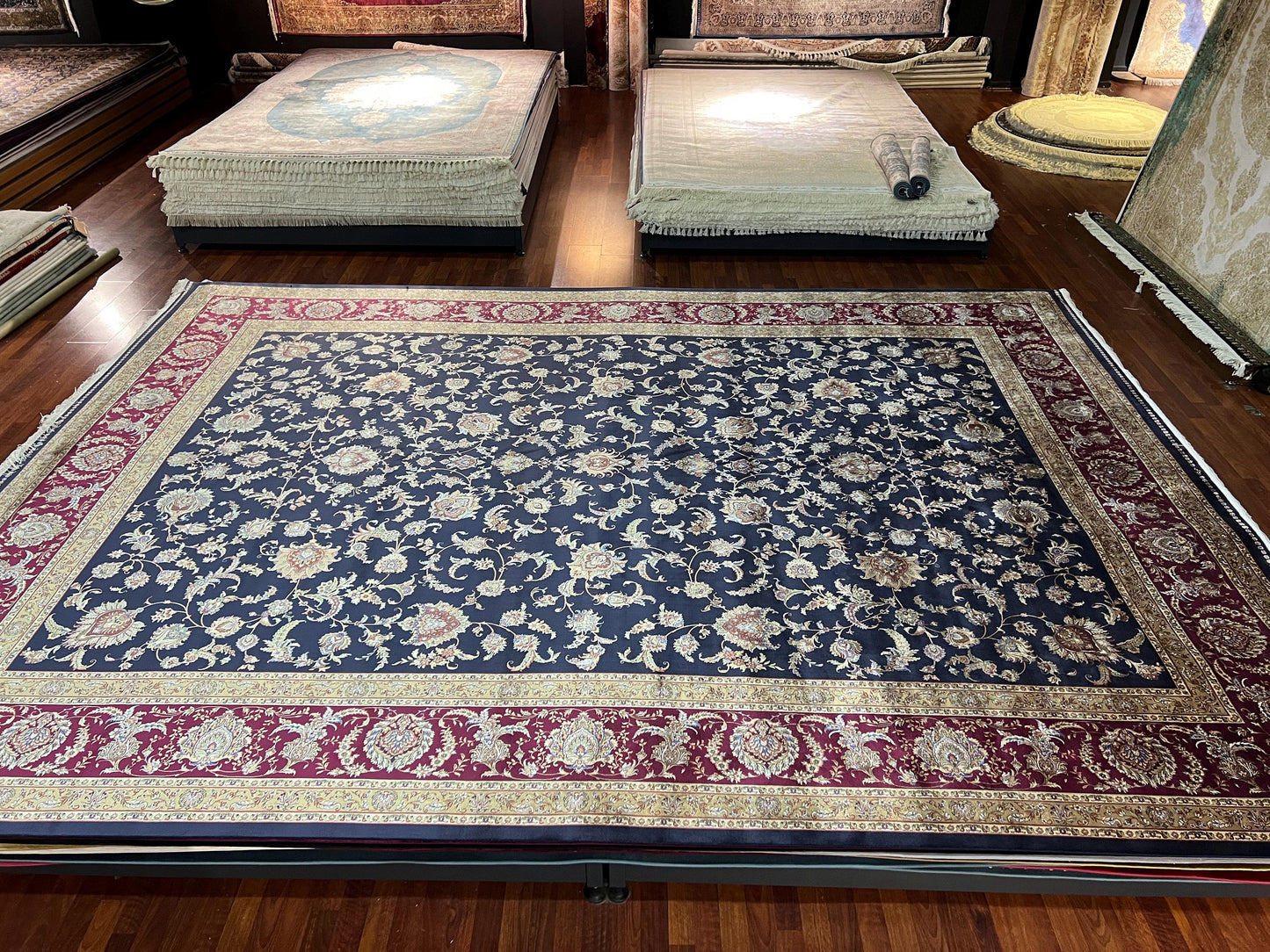 10x13 Navy Blue Silk Rug, Luxury Living Room Carpet, Traditional Oriental Silk Rug