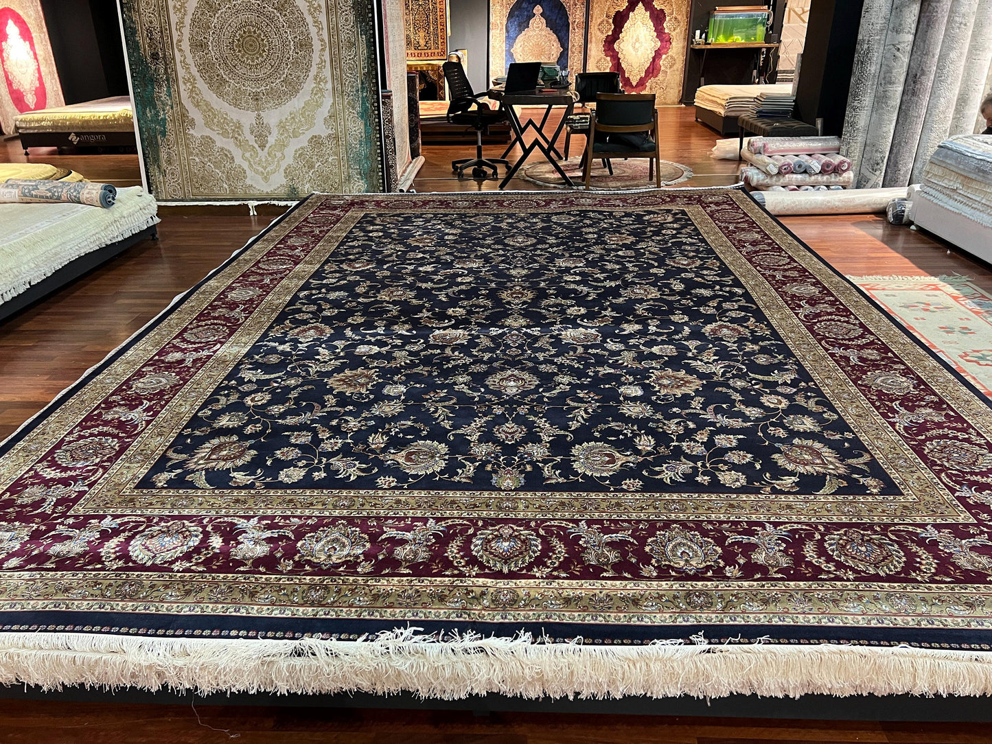 10x13 Navy Blue Silk Rug, Luxury Living Room Carpet, Traditional Oriental Silk Rug