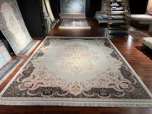 10x13 Beige Brown Silk Rug, Luxury Living Room Rug, Traditional Oriental Area Rug
