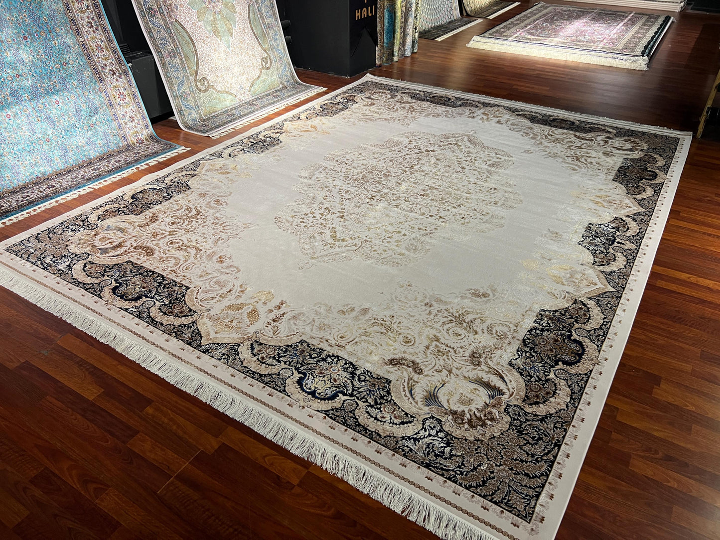10x13 Beige Brown Silk Rug, Luxury Living Room Rug, Traditional Oriental Area Rug