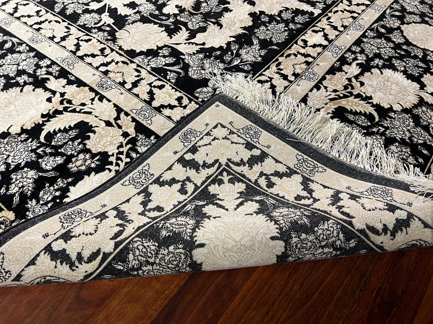 10x13 Black Beige Silk Rug, Luxury Living Room Rug, Oversized Floral Area Rug
