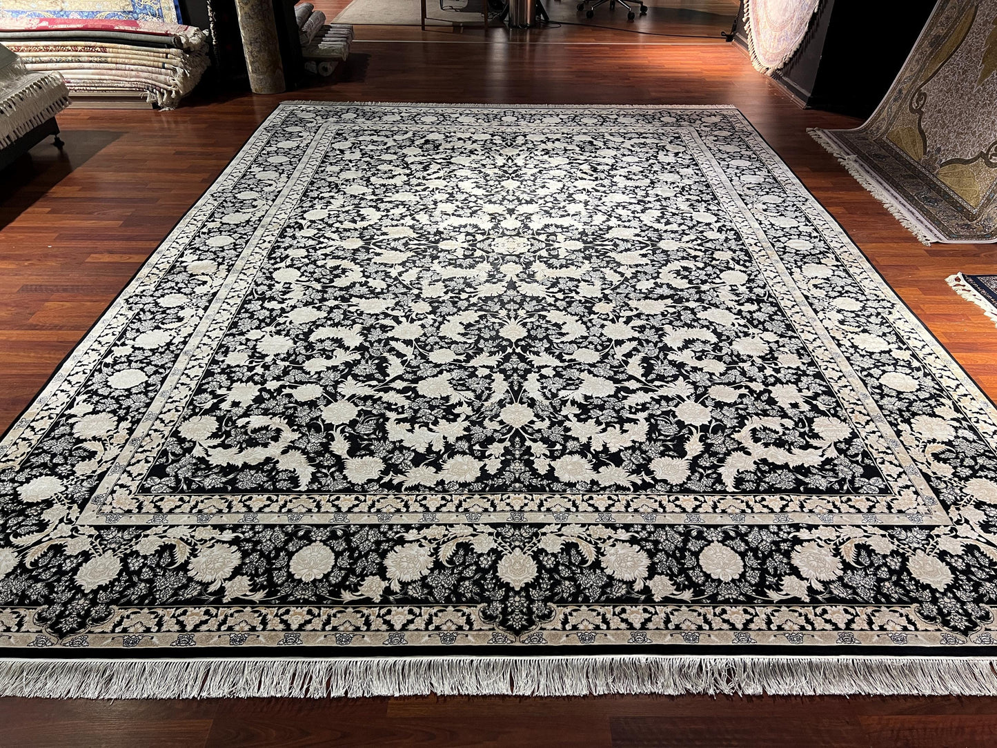 10x13 Black Beige Silk Rug, Luxury Living Room Rug, Oversized Floral Area Rug