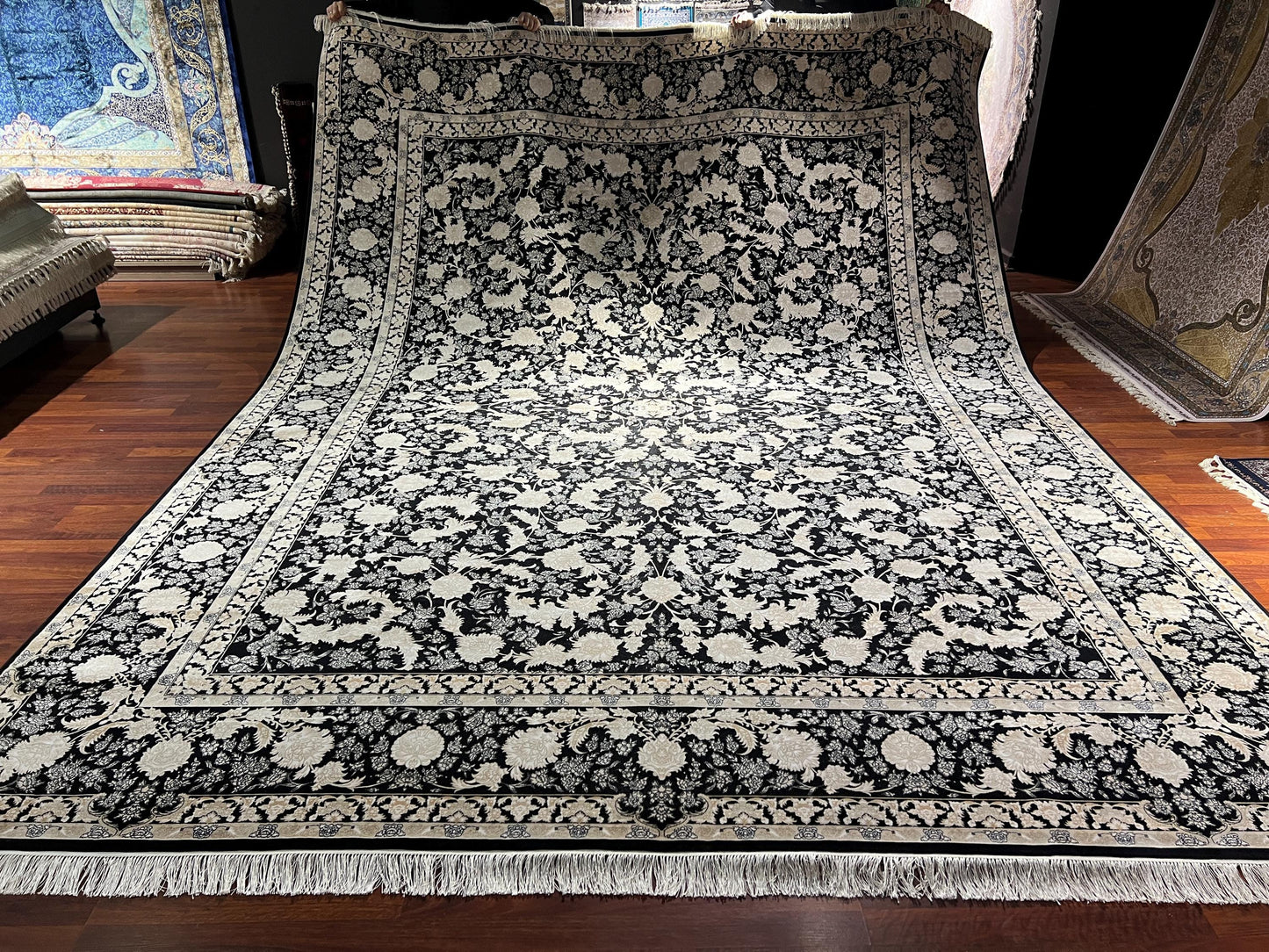 10x13 Black Beige Silk Rug, Luxury Living Room Rug, Oversized Floral Area Rug
