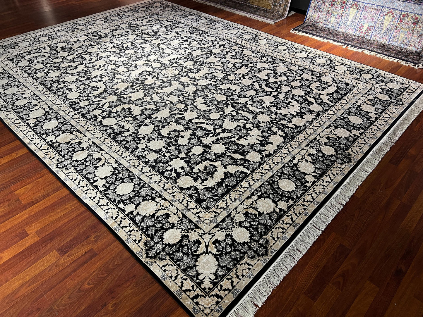 10x13 Black Beige Silk Rug, Luxury Living Room Rug, Oversized Floral Area Rug