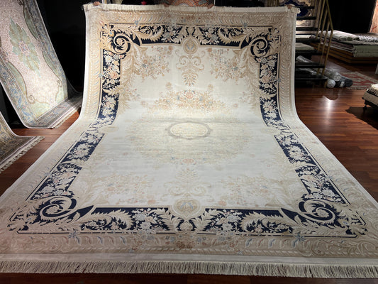 10x13 Cream Blue Silk Rug, Luxury Turkish Rug, Classic Living Room Area Rug