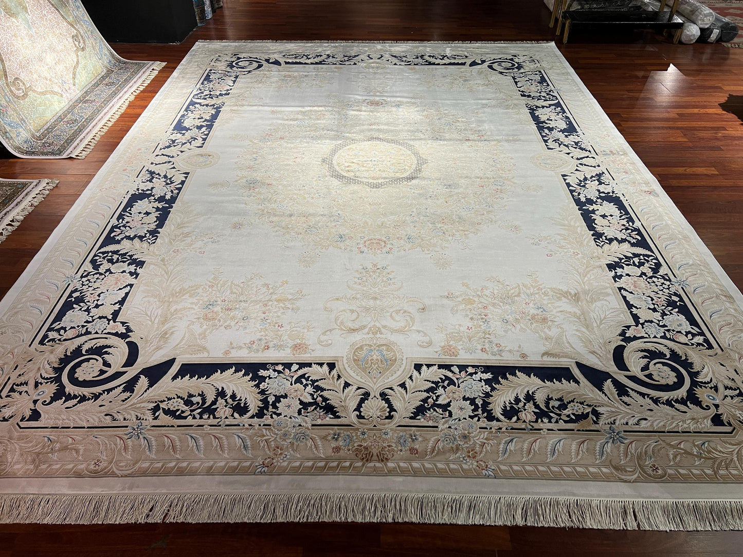 10x13 Cream Blue Silk Rug, Luxury Turkish Rug, Classic Living Room Area Rug