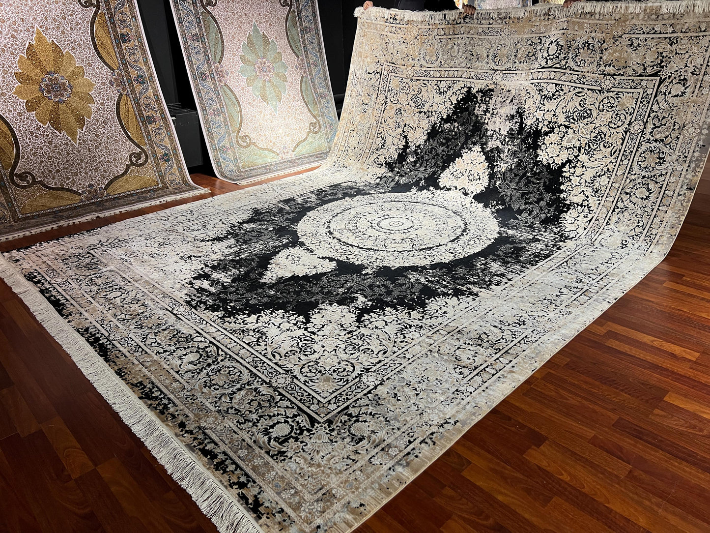10x13 Black Beige Silk Rug, Turkish Medallion Rug, Luxury Living Room Carpet