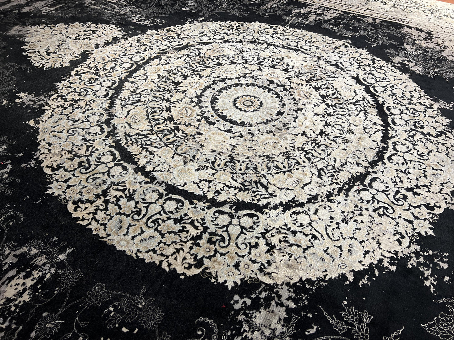10x13 Black Beige Silk Rug, Turkish Medallion Rug, Luxury Living Room Carpet