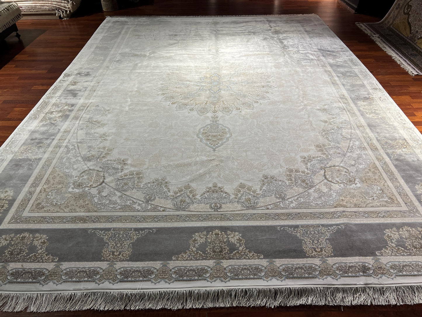 10x13 Cream Gray Silk Rug, Luxury Living Room Rug, Turkish Area Carpet