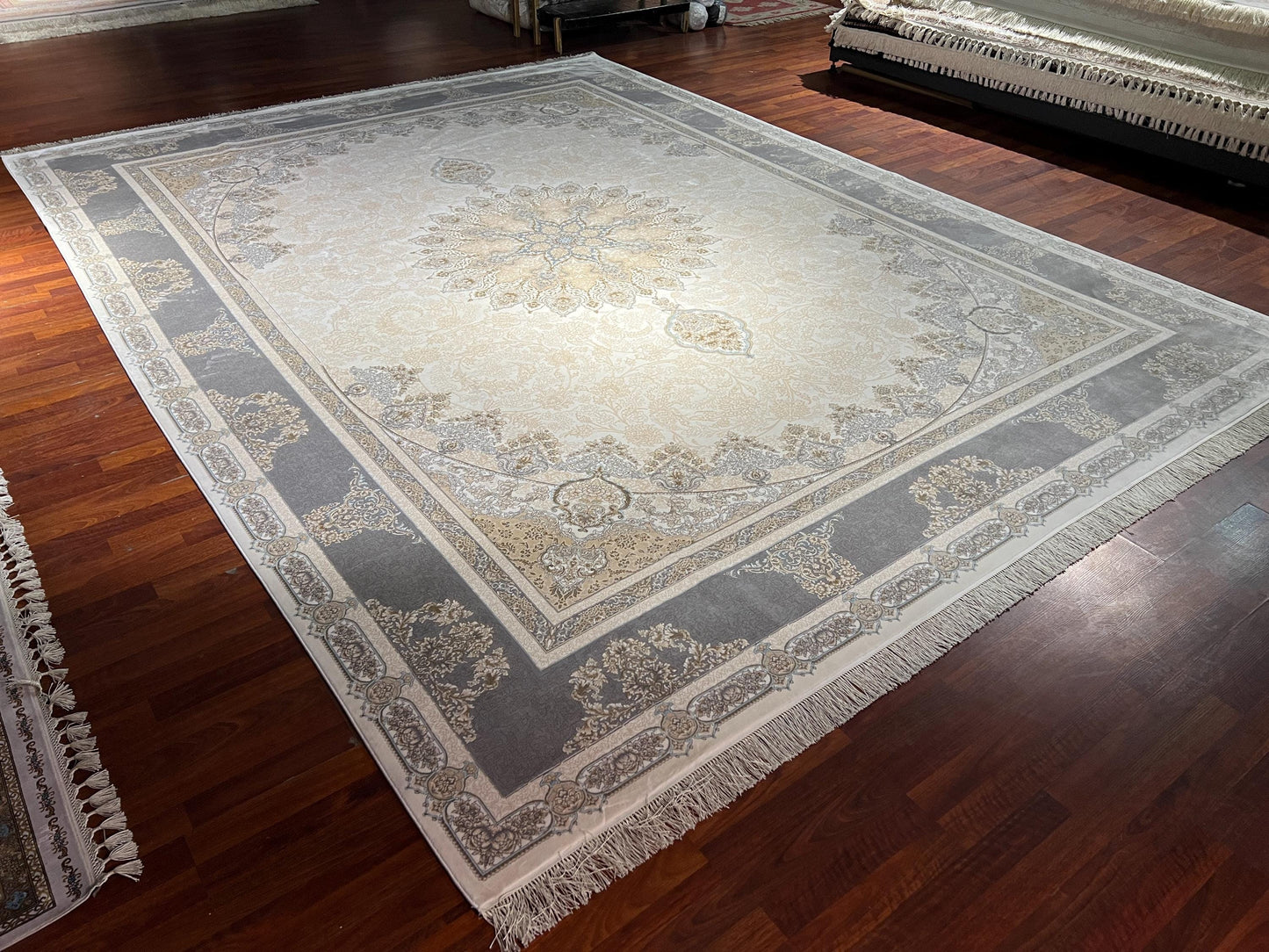 10x13 Cream Gray Silk Rug, Luxury Living Room Rug, Turkish Area Carpet