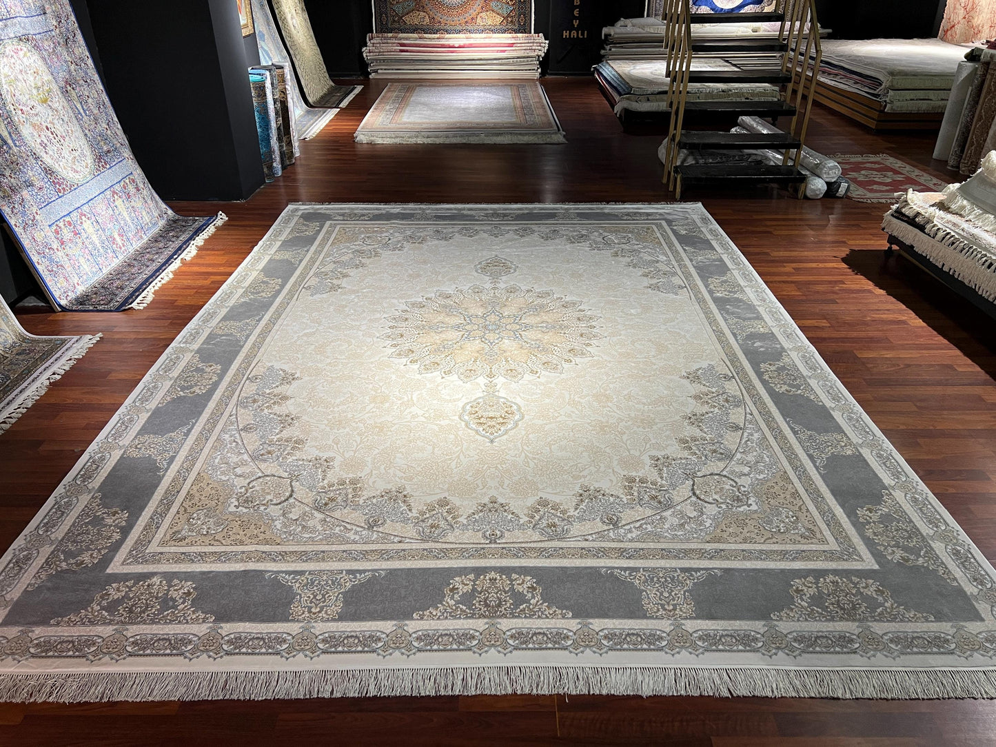 10x13 Cream Gray Silk Rug, Luxury Living Room Rug, Turkish Area Carpet