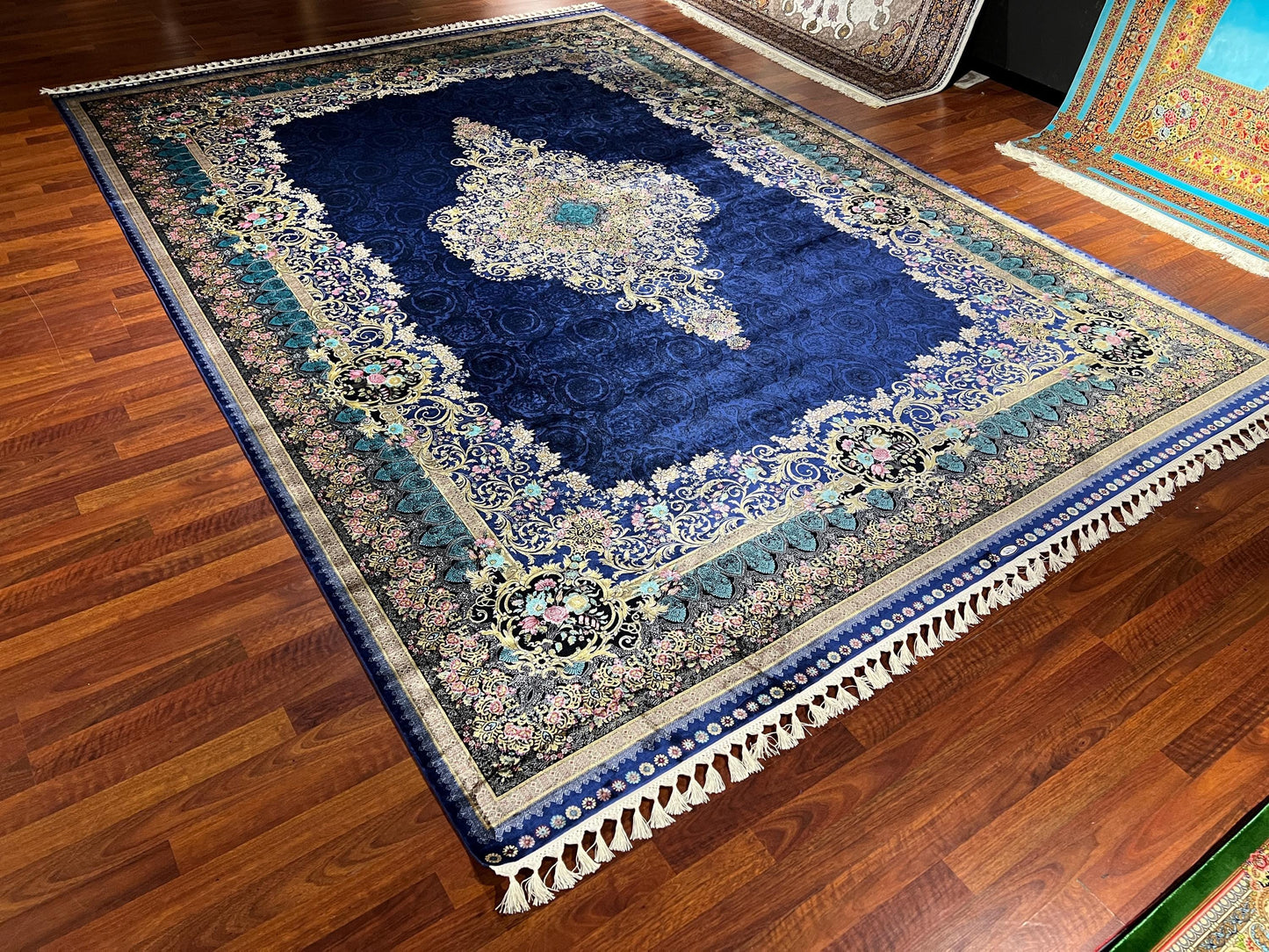 10x13 Royal Blue Silk Rug, Luxury Turkish Rug, Palace Style Living Room Carpet