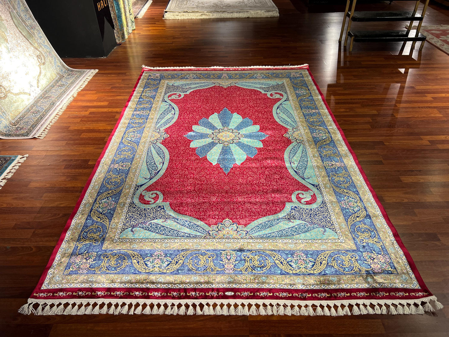 13x20 Red Blue Silk Rug, Luxury Turkish Rug, Palace Style Living Room Carpet