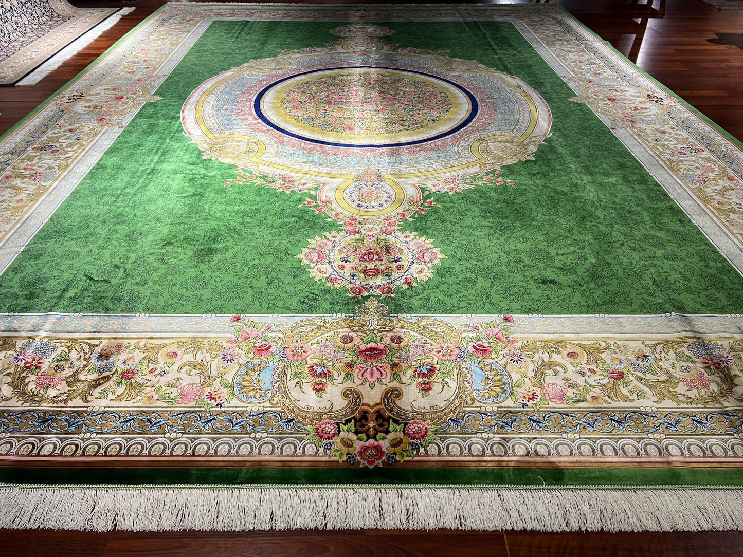10x13 Green Silk Rug, Luxury Gonbad Rug, Turkish Living Room Carpet