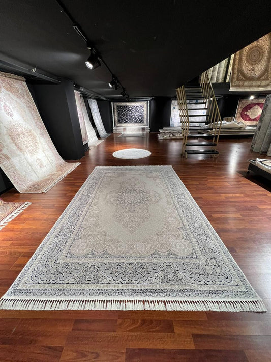 5x8 Bamboo Rug, Beige Grey Medallion, Palace Style Turkish Area Rug, Living Room Decor