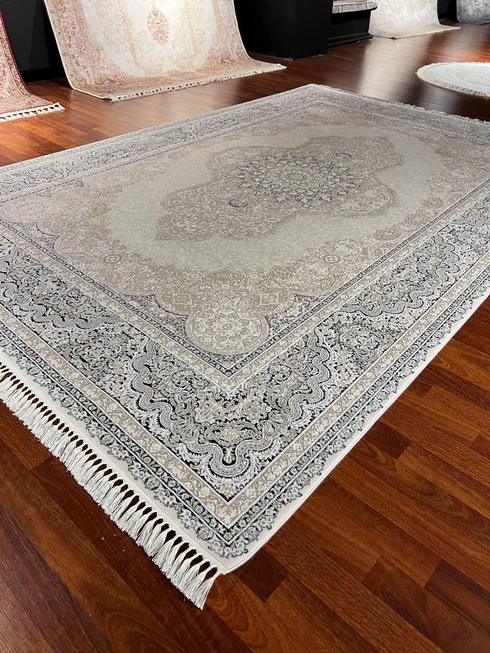 5x8 Bamboo Rug, Beige Grey Medallion, Palace Style Turkish Area Rug, Living Room Decor