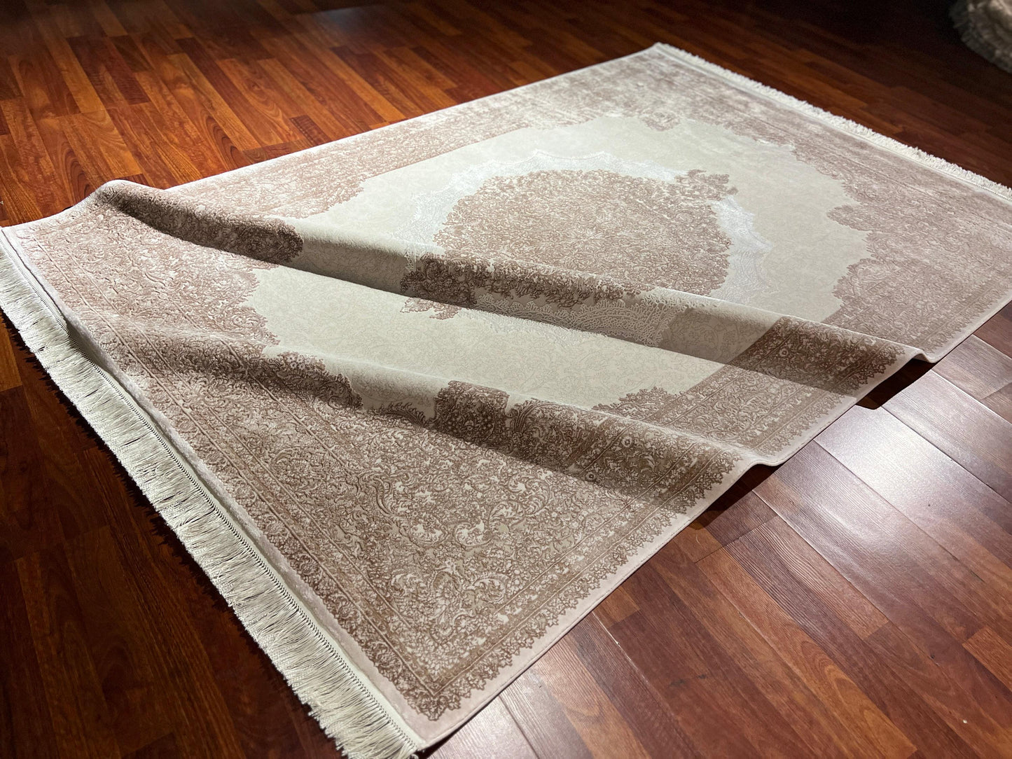 5x8 Bamboo Rug, Beige Ivory Medallion, Palace Border, Turkish Classic Living Room Rug