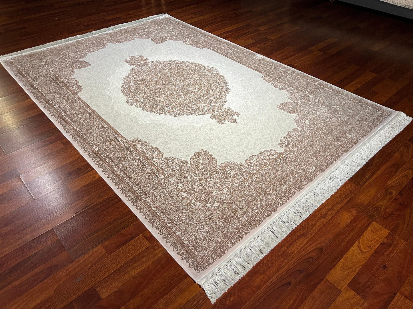 5x8 Bamboo Rug, Beige Ivory Medallion, Palace Border, Turkish Classic Living Room Rug