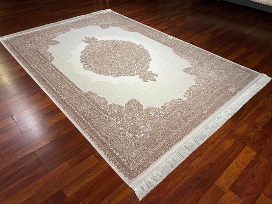 5x8 Bamboo Rug, Beige Ivory Medallion, Palace Border, Turkish Classic Living Room Rug