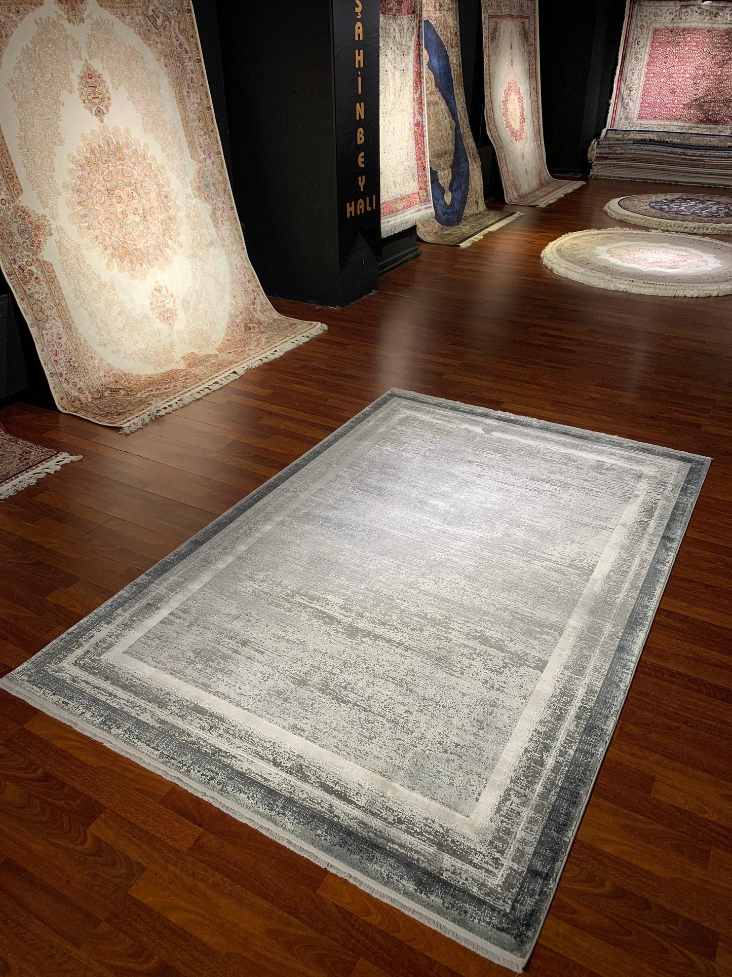5x8 Modern Rug, Gray Abstract Border, Turkish Viscose Carpet, Living Room Area Rug