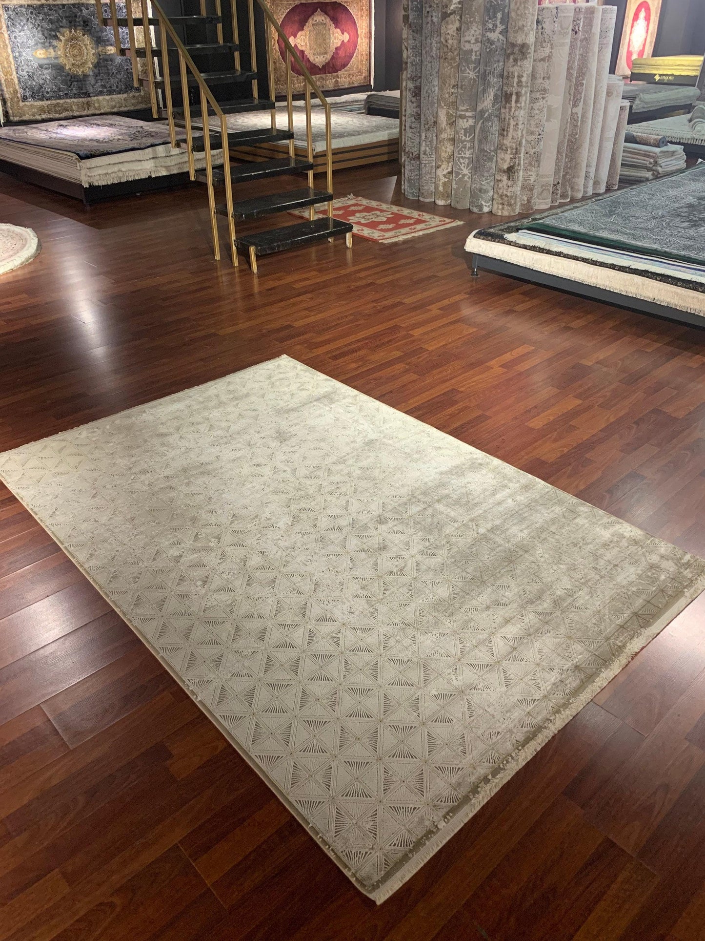 5x8 Modern Rug, Beige Gold Border, Bamboo Acrylic Carpet, Kitchen Dining Room Decor