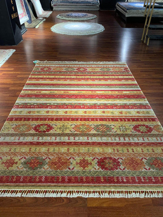 5x8 ft Oushak Rug, Area Rug, Boho Stripe Pattern, Anatolian Style, Tencel Turkish Rug