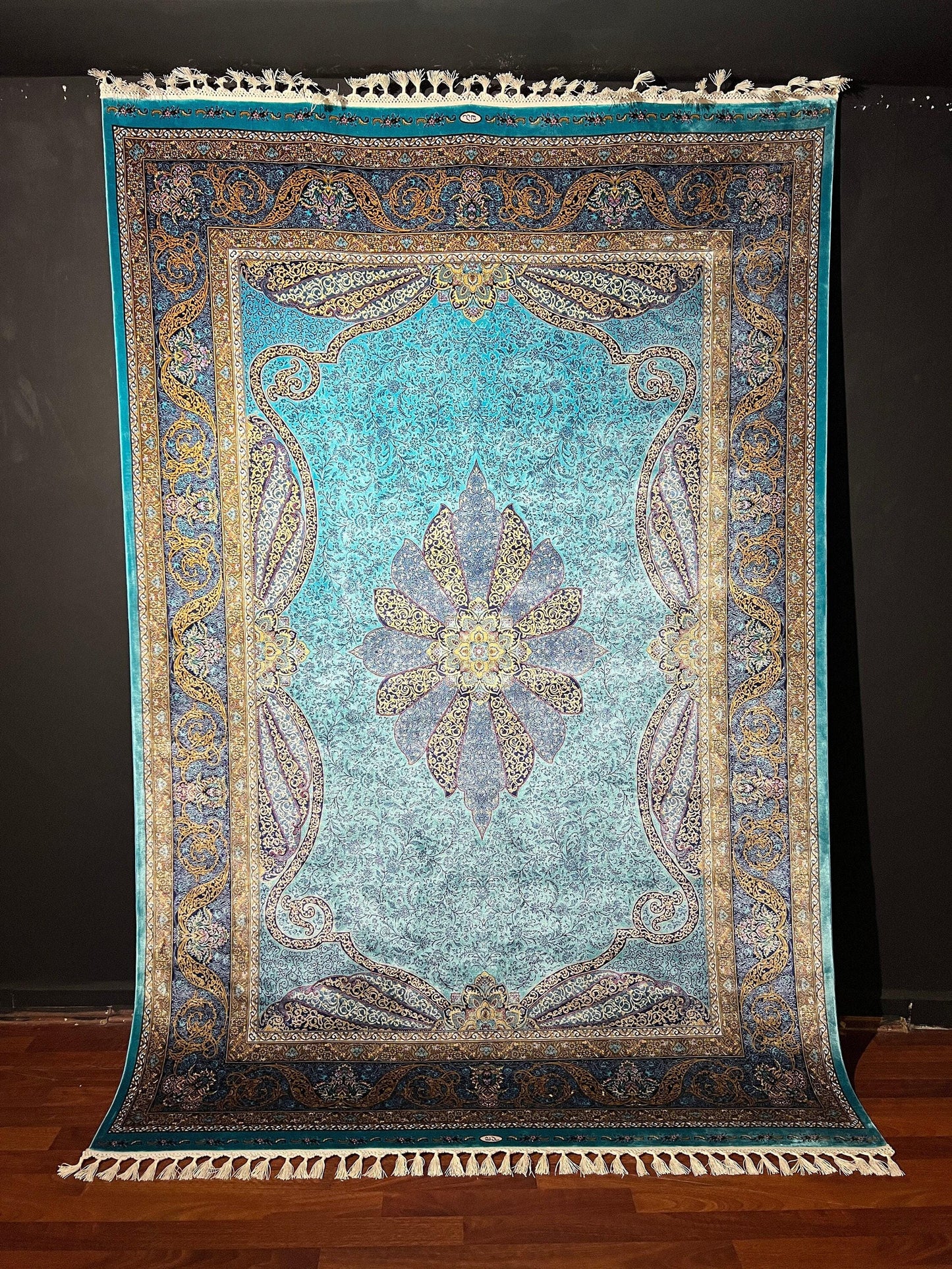 5x8 Silk Rug, Turquoise Lotus Medallion, Navy Gold Border, Turkish Oriental Luxury Area Rug