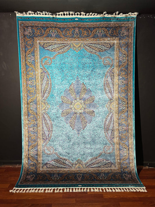 5x8 Silk Rug, Turquoise Lotus Medallion, Navy Gold Border, Turkish Oriental Luxury Area Rug