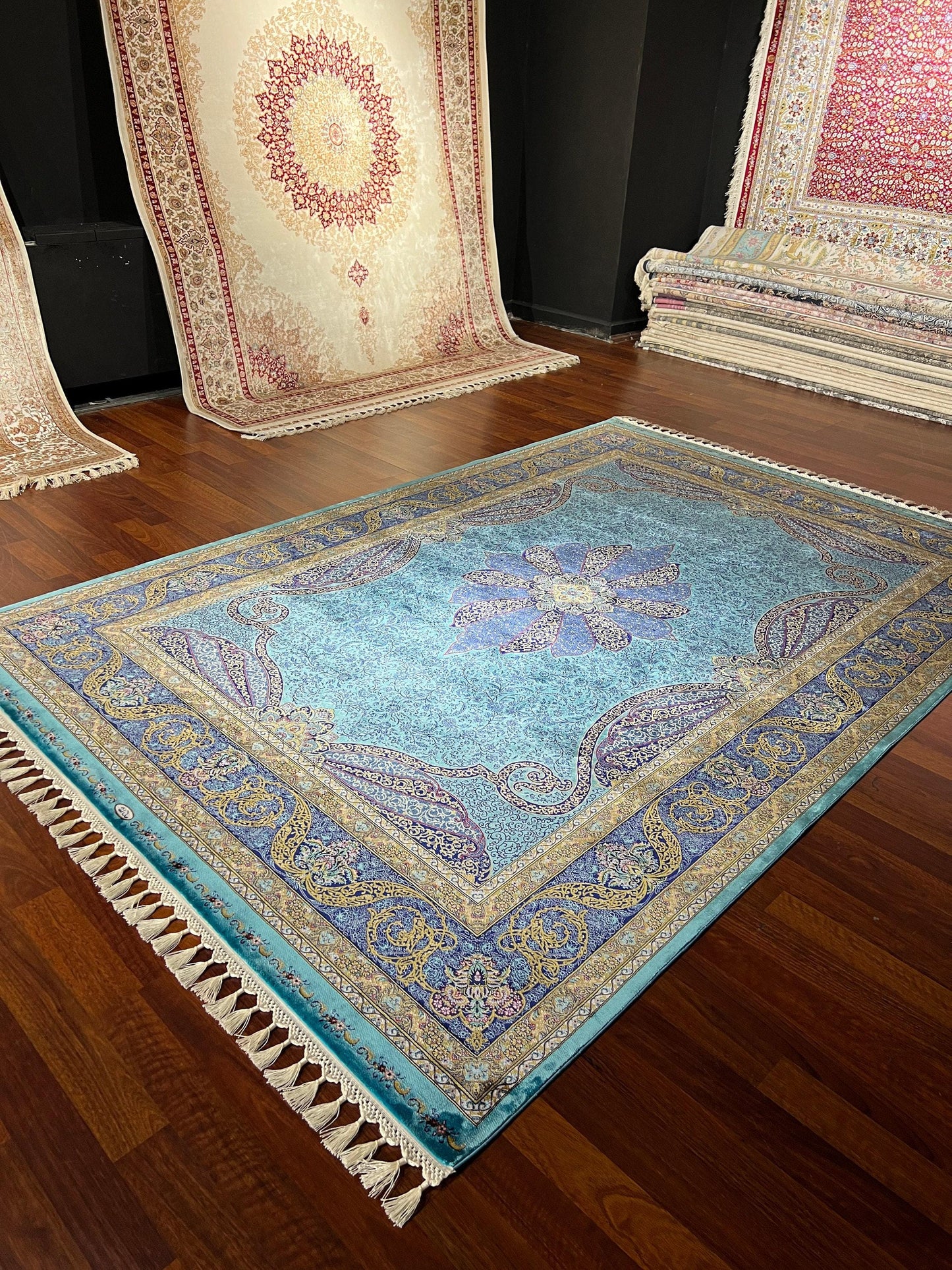 5x8 Silk Rug, Turquoise Lotus Medallion, Navy Gold Border, Turkish Oriental Luxury Area Rug