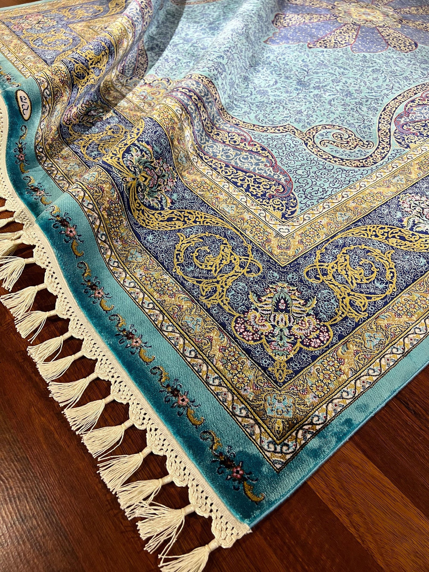 5x8 Silk Rug, Turquoise Lotus Medallion, Navy Gold Border, Turkish Oriental Luxury Area Rug