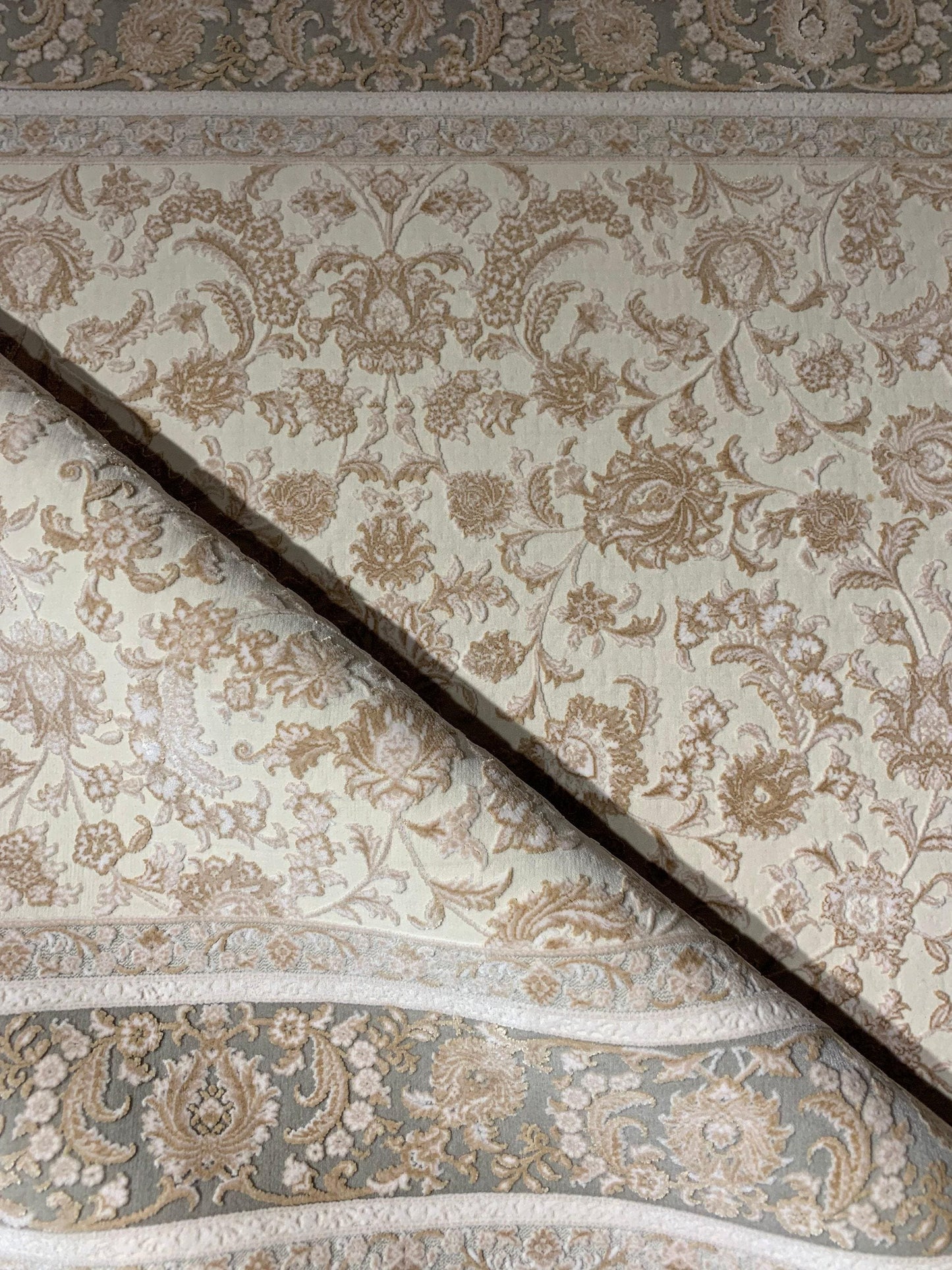 5x8 Bamboo Rug, Ivory Beige Floral, Classic Border, Luxury Living Room Area Rug