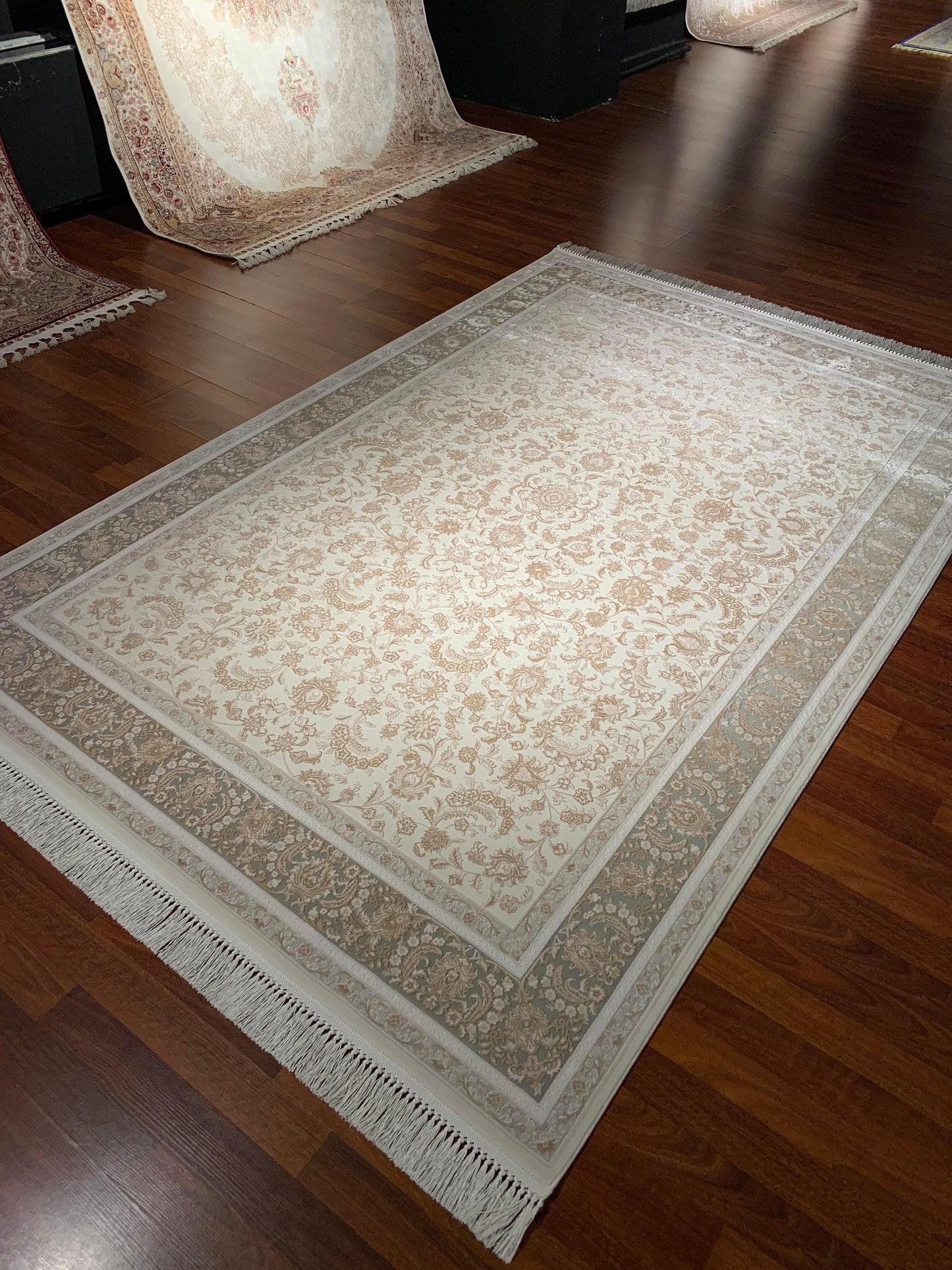 5x8 Bamboo Rug, Ivory Beige Floral, Classic Border, Luxury Living Room Area Rug