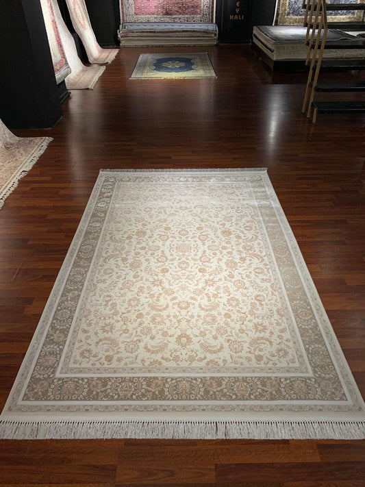 5x8 Bamboo Rug, Ivory Beige Floral, Classic Border, Luxury Living Room Area Rug