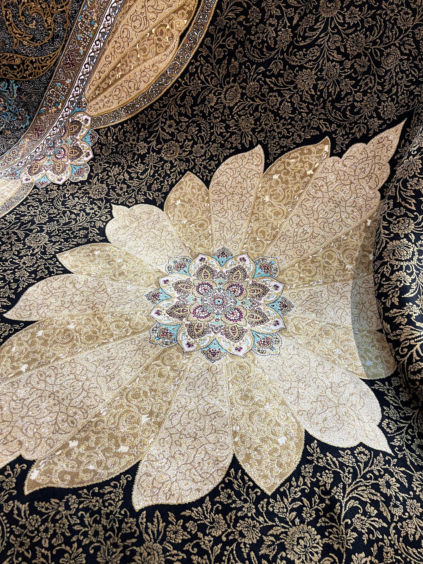 5x8 Silk Rug, Black Gold Lotus Medallion, Luxury Living Room Rug, Turkish Oriental Carpet