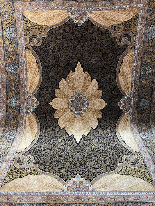 5x8 Silk Rug, Black Gold Lotus Medallion, Luxury Living Room Rug, Turkish Oriental Carpet