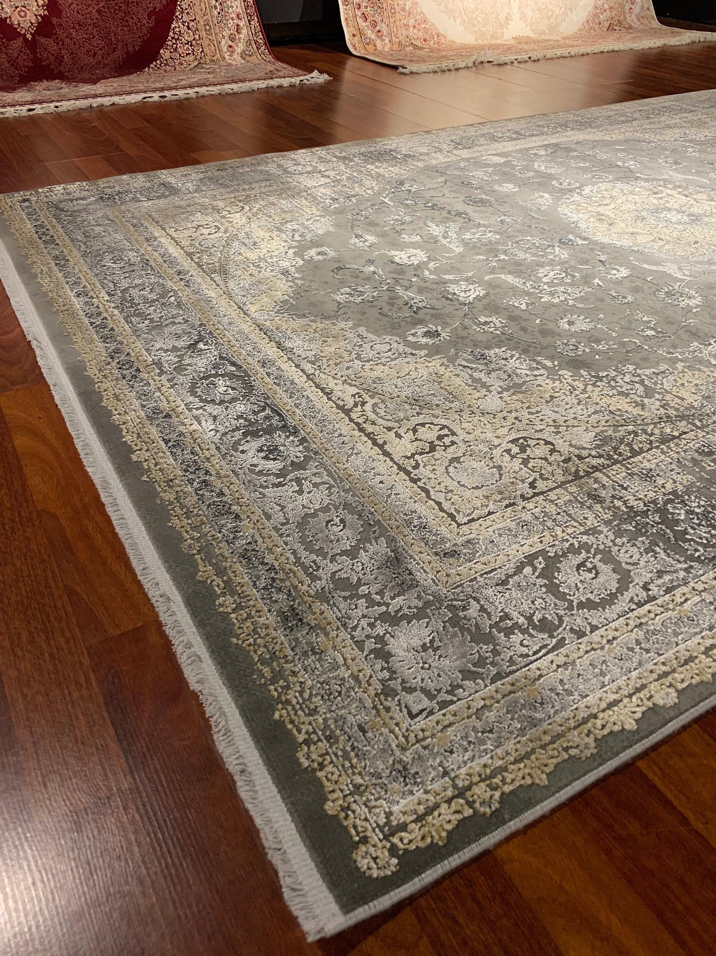 5x8 Modern Rug, Beige Greige Medallion, Vintage Wash Border, Turkish Area Rug