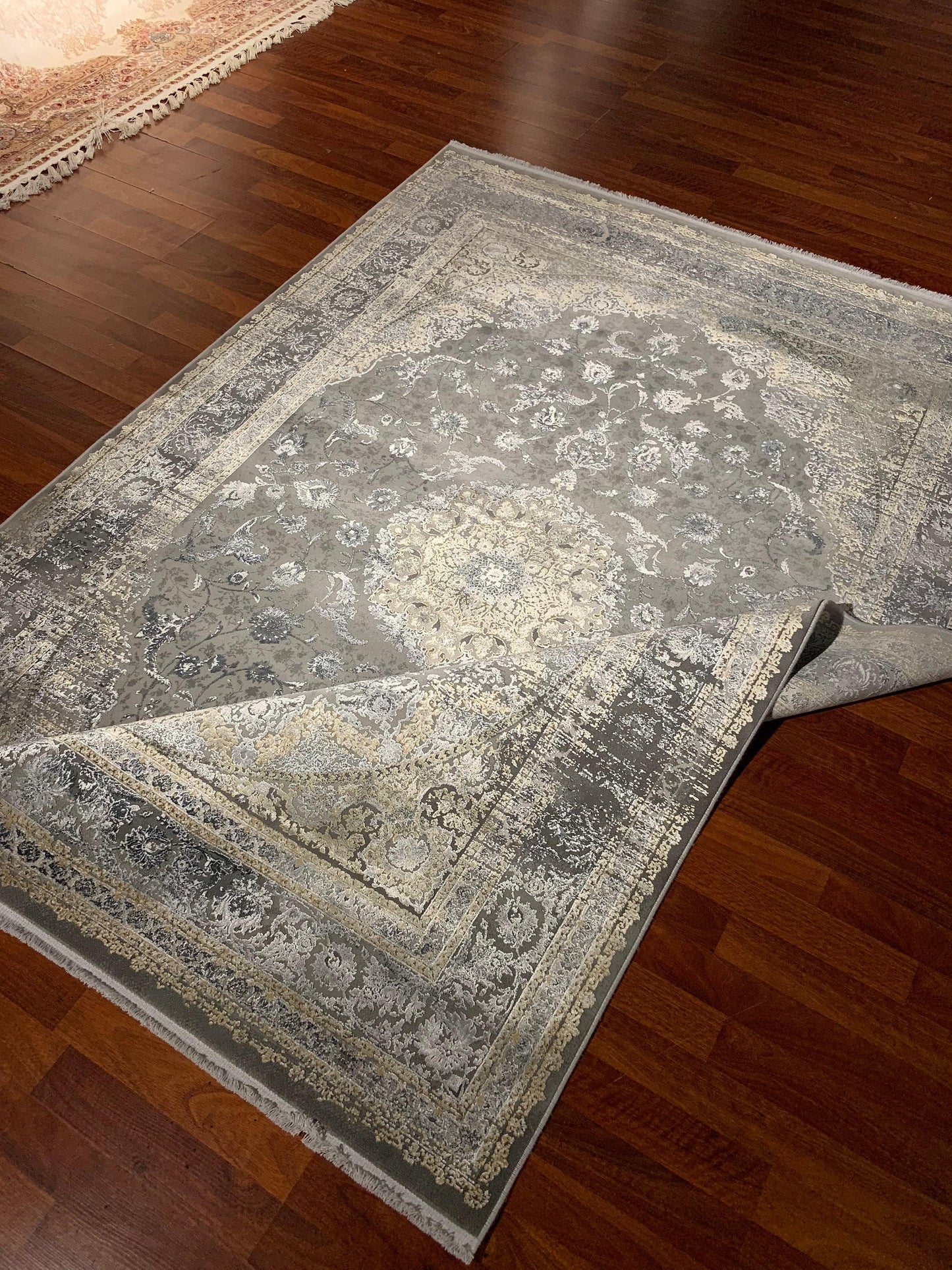 5x8 Modern Rug, Beige Greige Medallion, Vintage Wash Border, Turkish Area Rug