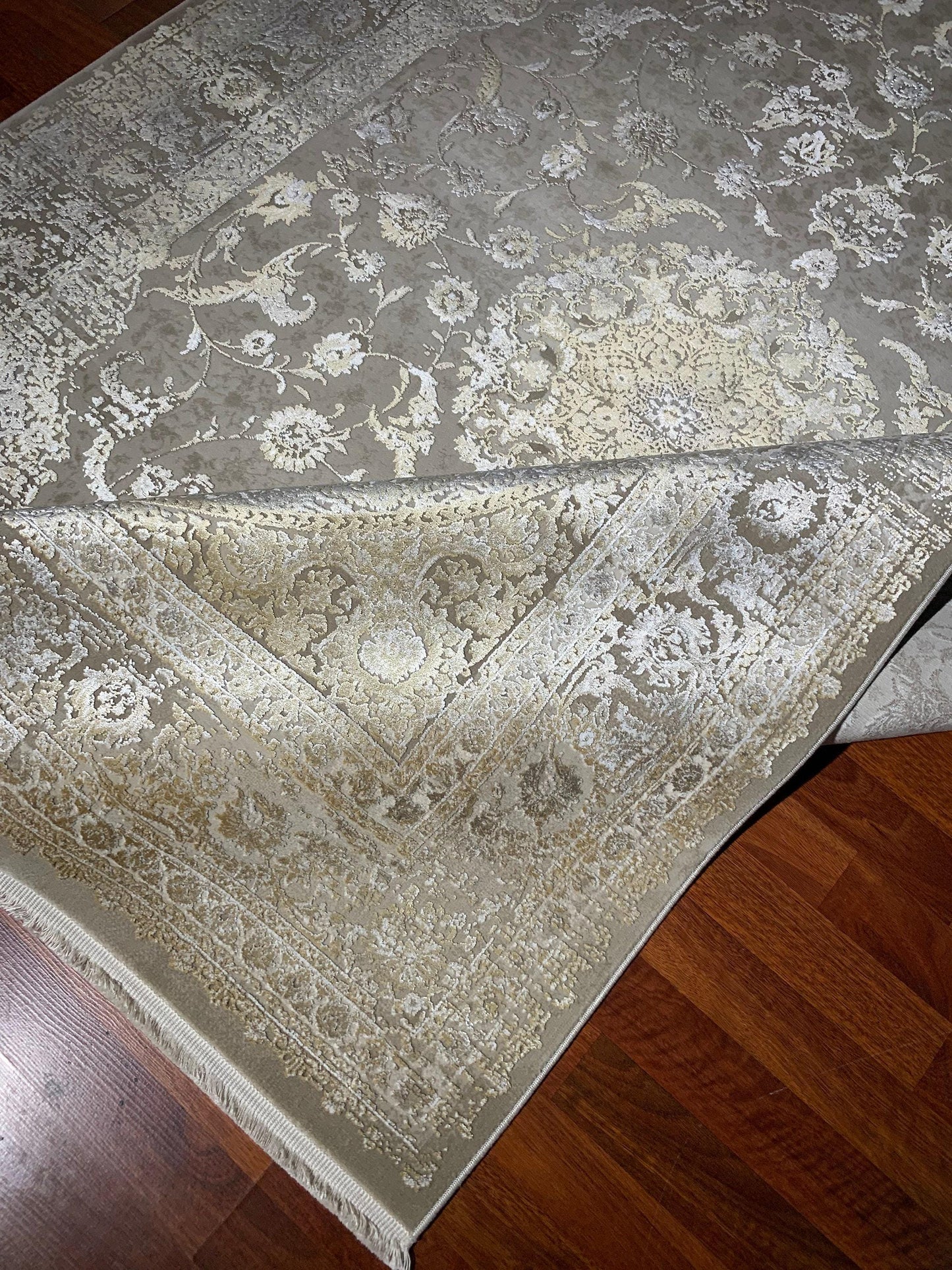 5x8 Beige Gold Rug, Faded Floral Medallion, Turkish Modern Carpet, Living Room Decor
