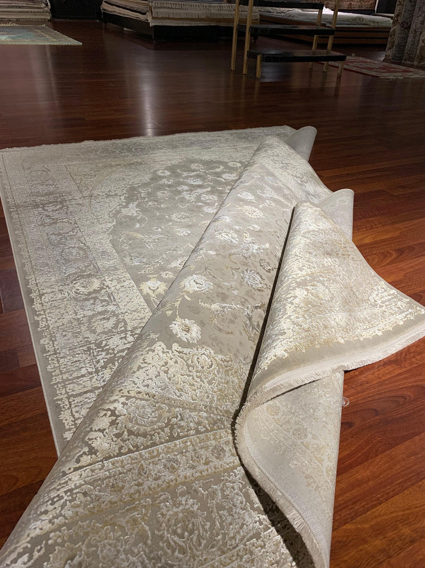 5x8 Beige Gold Rug, Faded Floral Medallion, Turkish Modern Carpet, Living Room Decor
