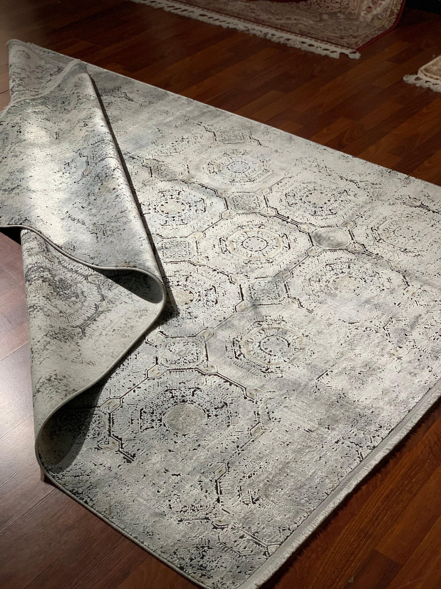 5x8 Bamboo Rug, Gray Beige Geometric Trellis, Turkish Area Rug, Modern Living Room Carpet