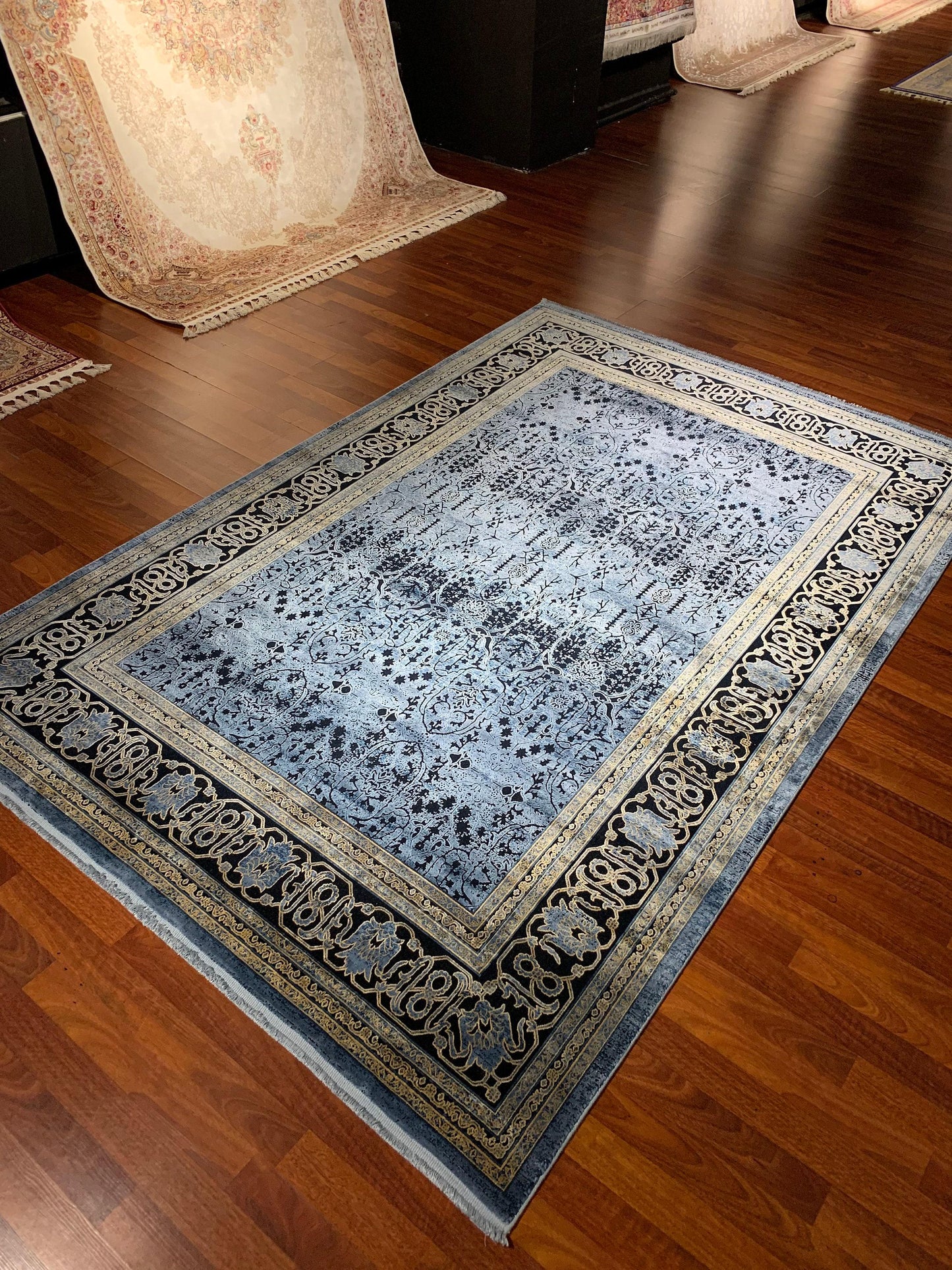 5x8 Blue Silk Rug, Turkish Silk Carpet, Oriental Silk Rug, Luxury Living Room Rug