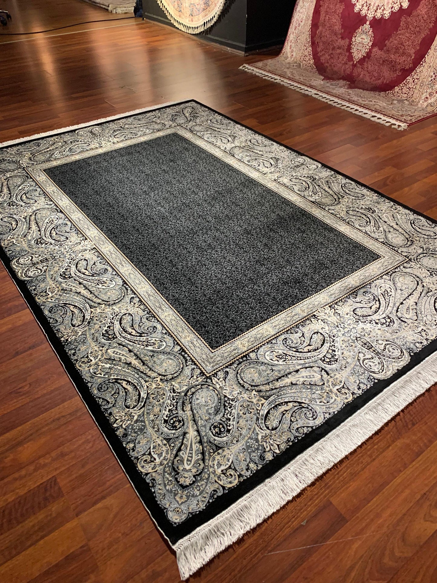5x8 Silk Rug, Black Paisley Border, Turkish Oriental Carpet, Luxury Living Room Rug